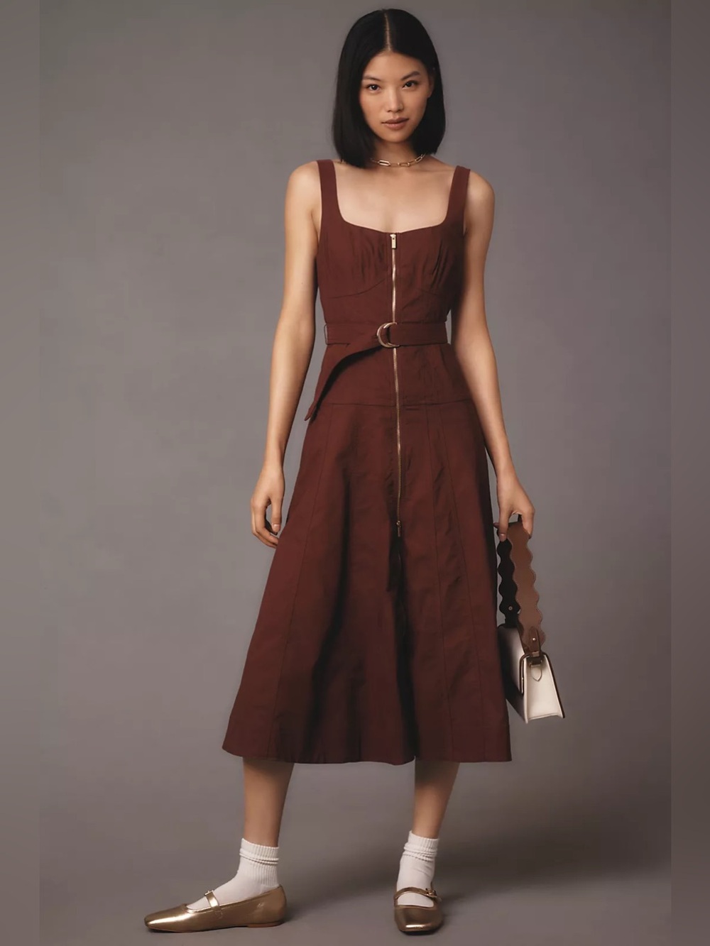 By Anthropologie Sleeveless Zip-Front Belted Midi Dress